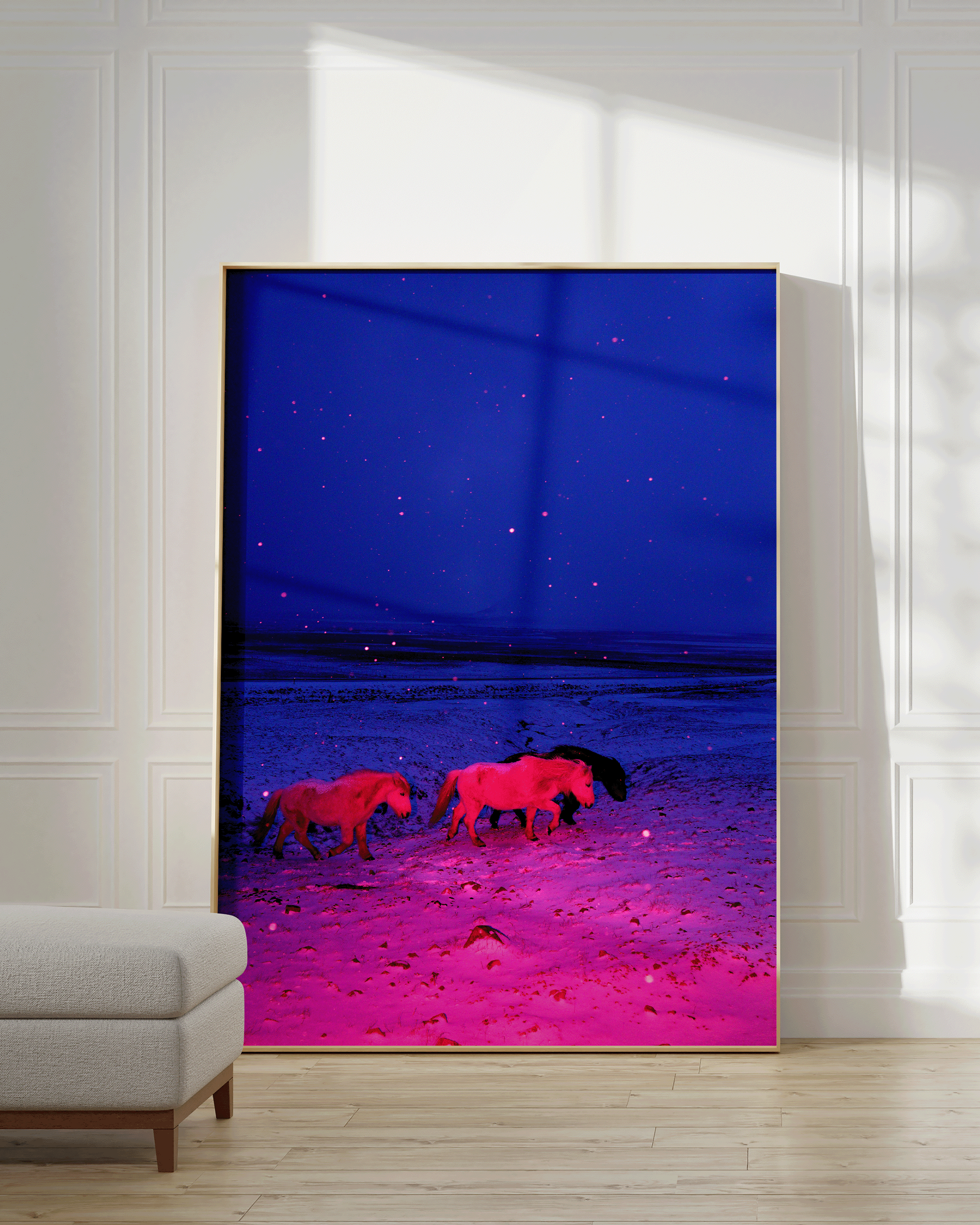 Three Horses in a Pink Storm - Framed Canvas