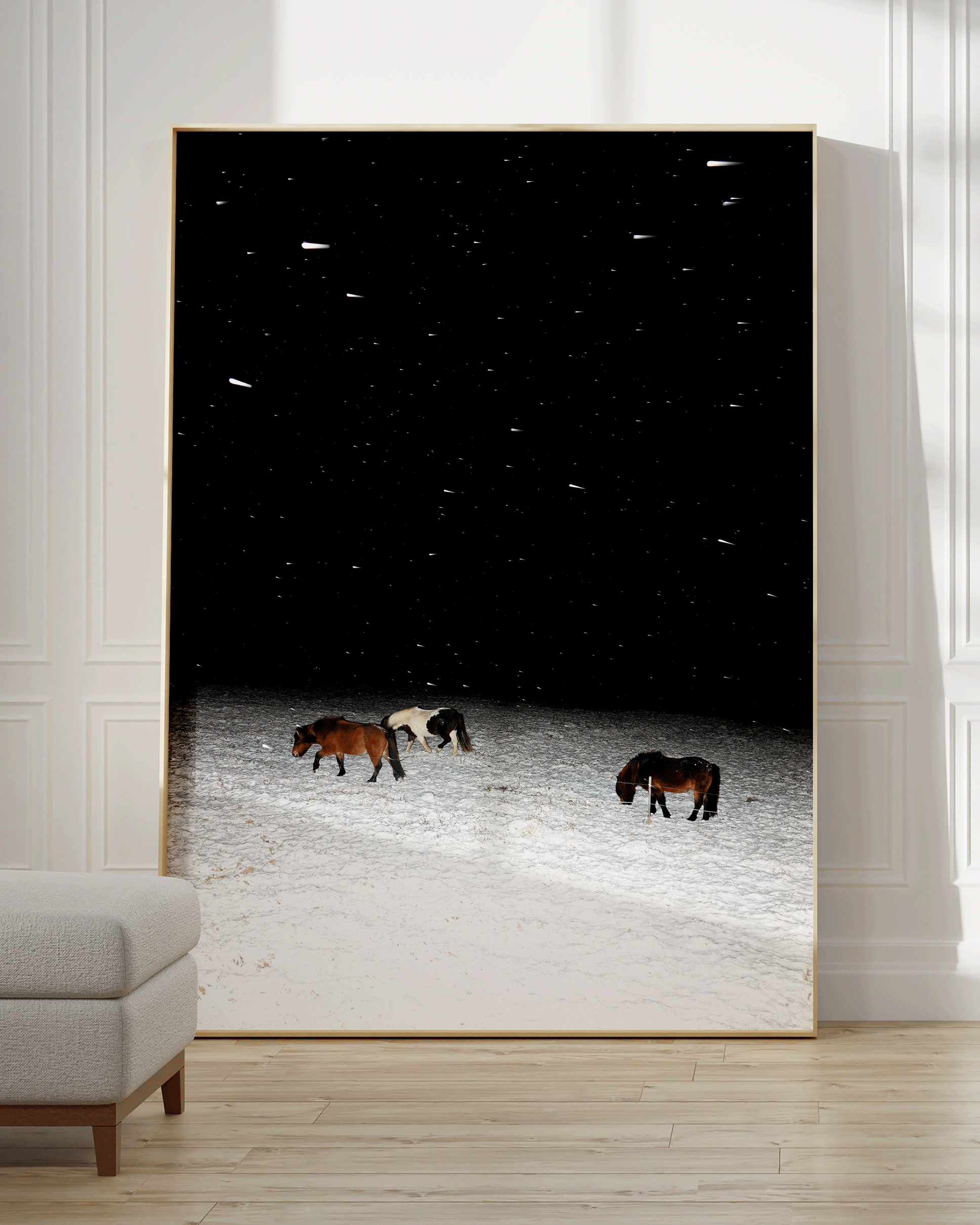 Three Horses in a Snowstorm - Framed Canvas