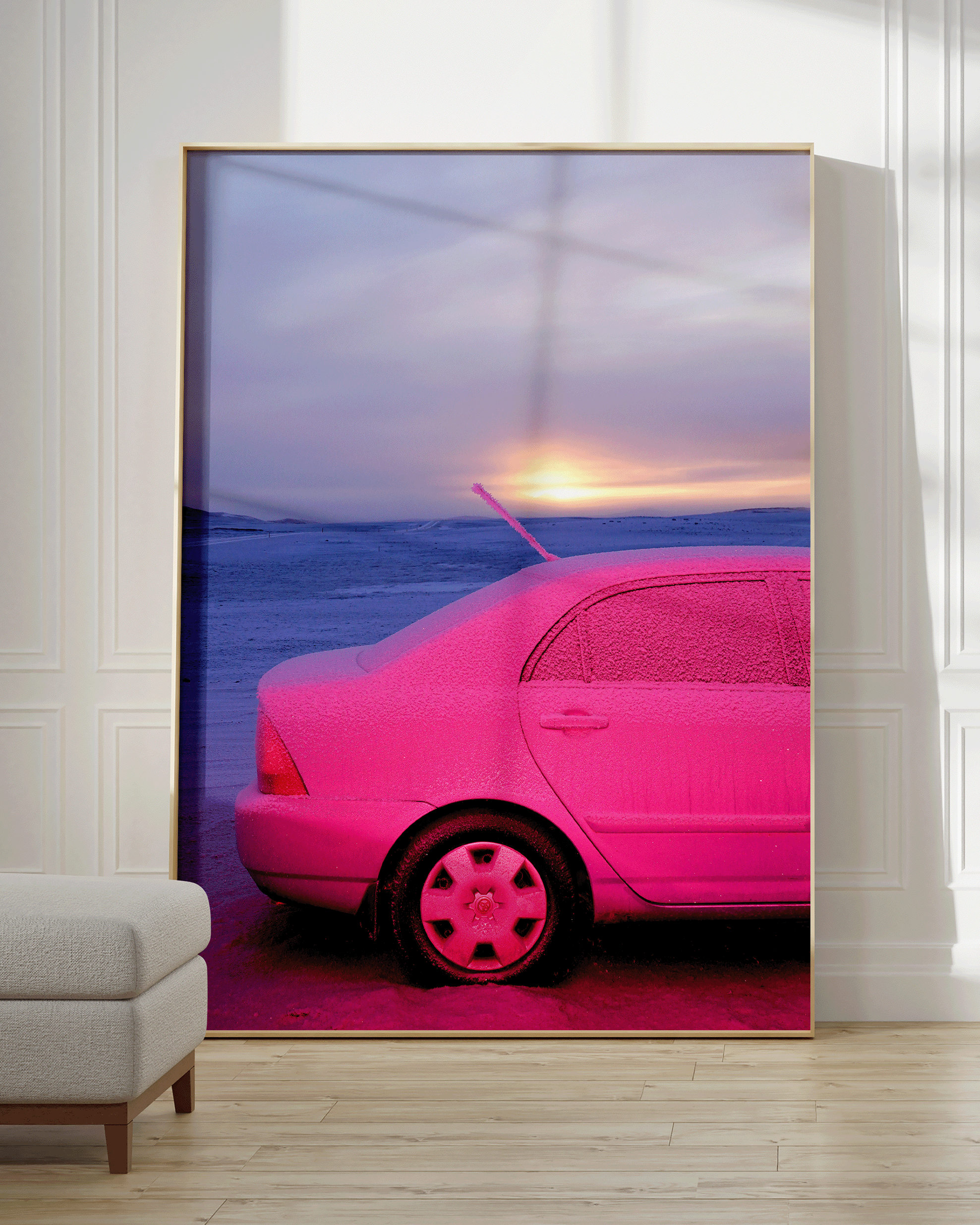 Pink Car and a Sunrise - Framed Canvas