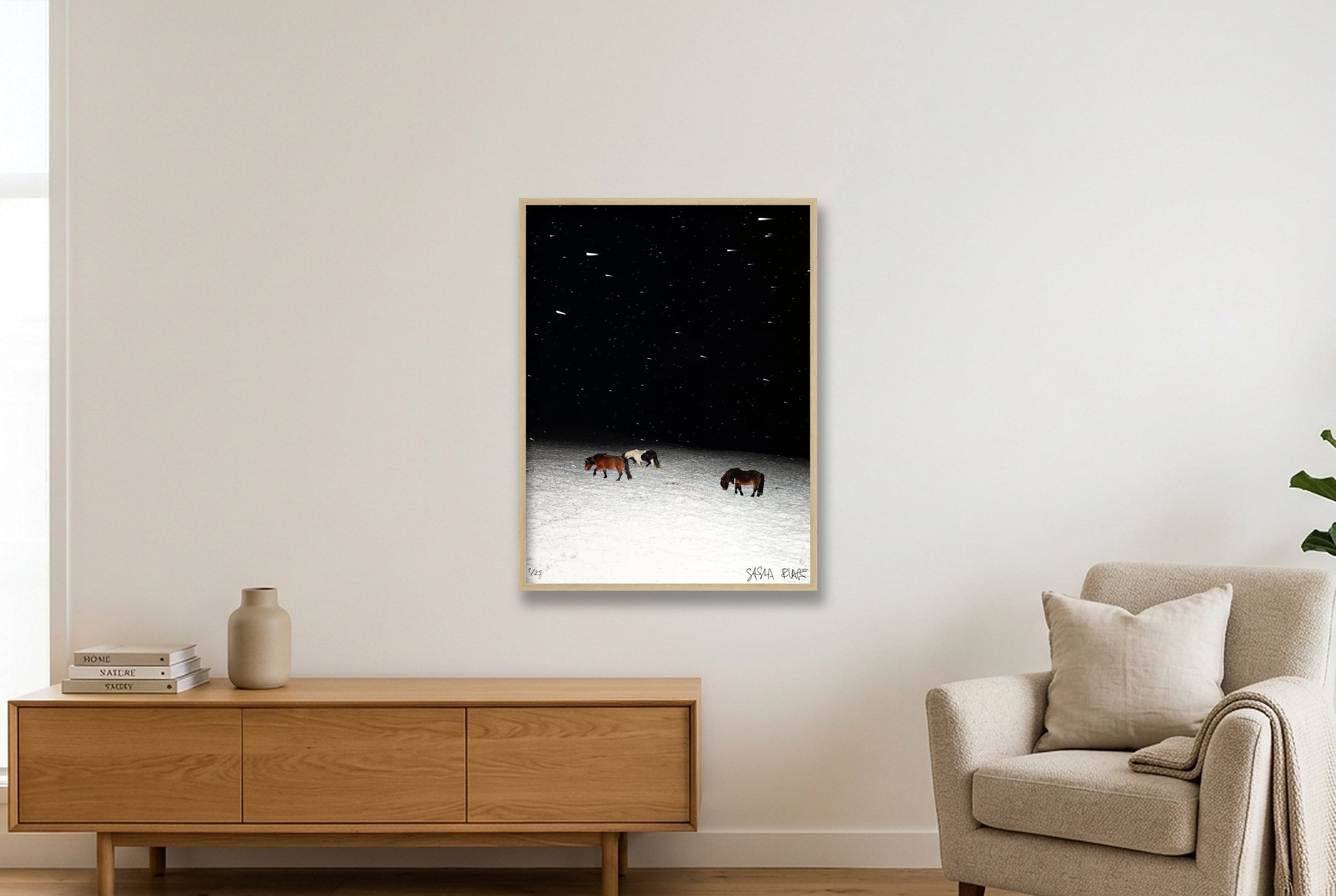 Three Horses in a Snowstorm - Limited Edition — 60×80cm, 24×31" Oak Frame