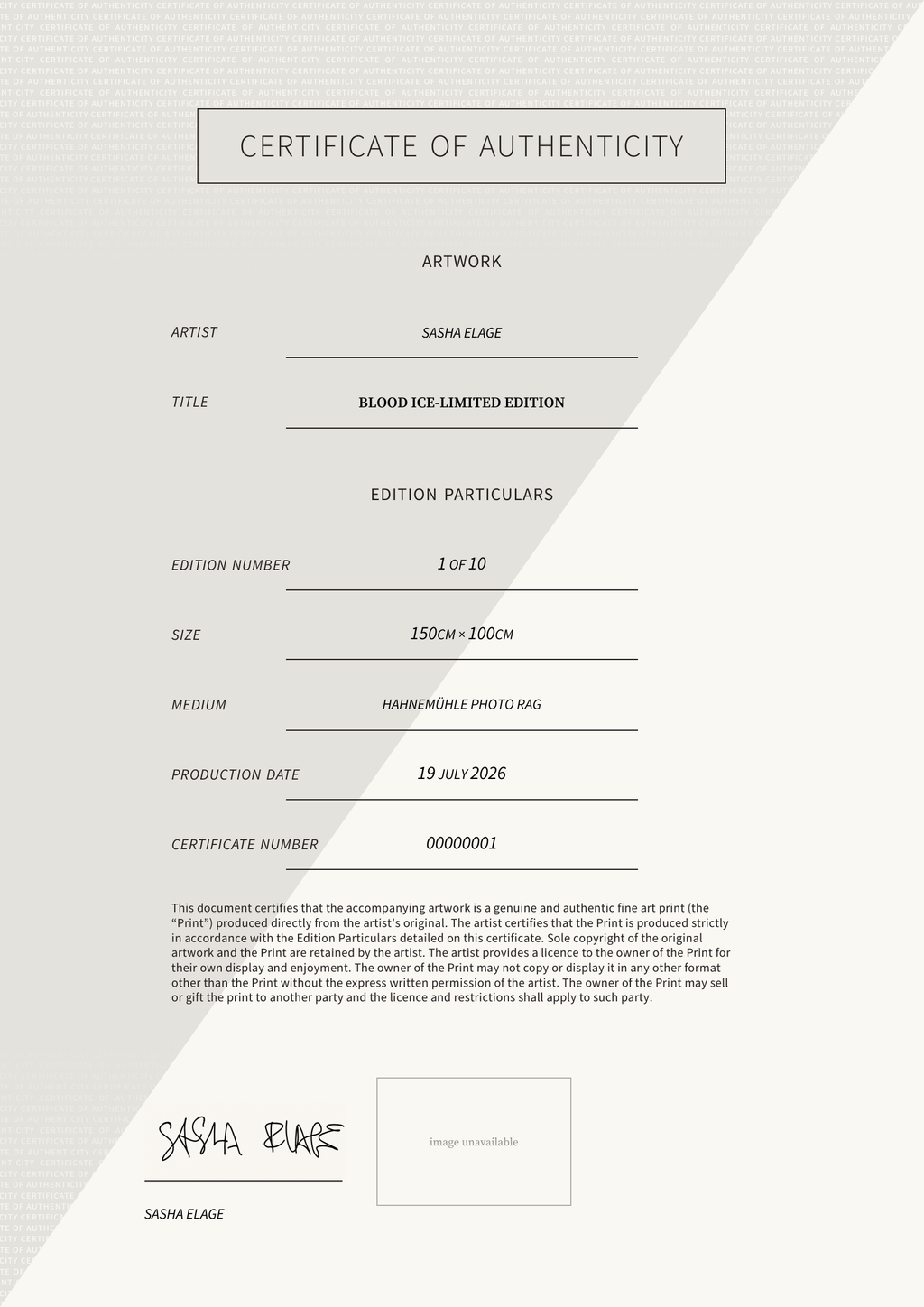 Blood Ice-Limited Edition — Certificate of Authenticity