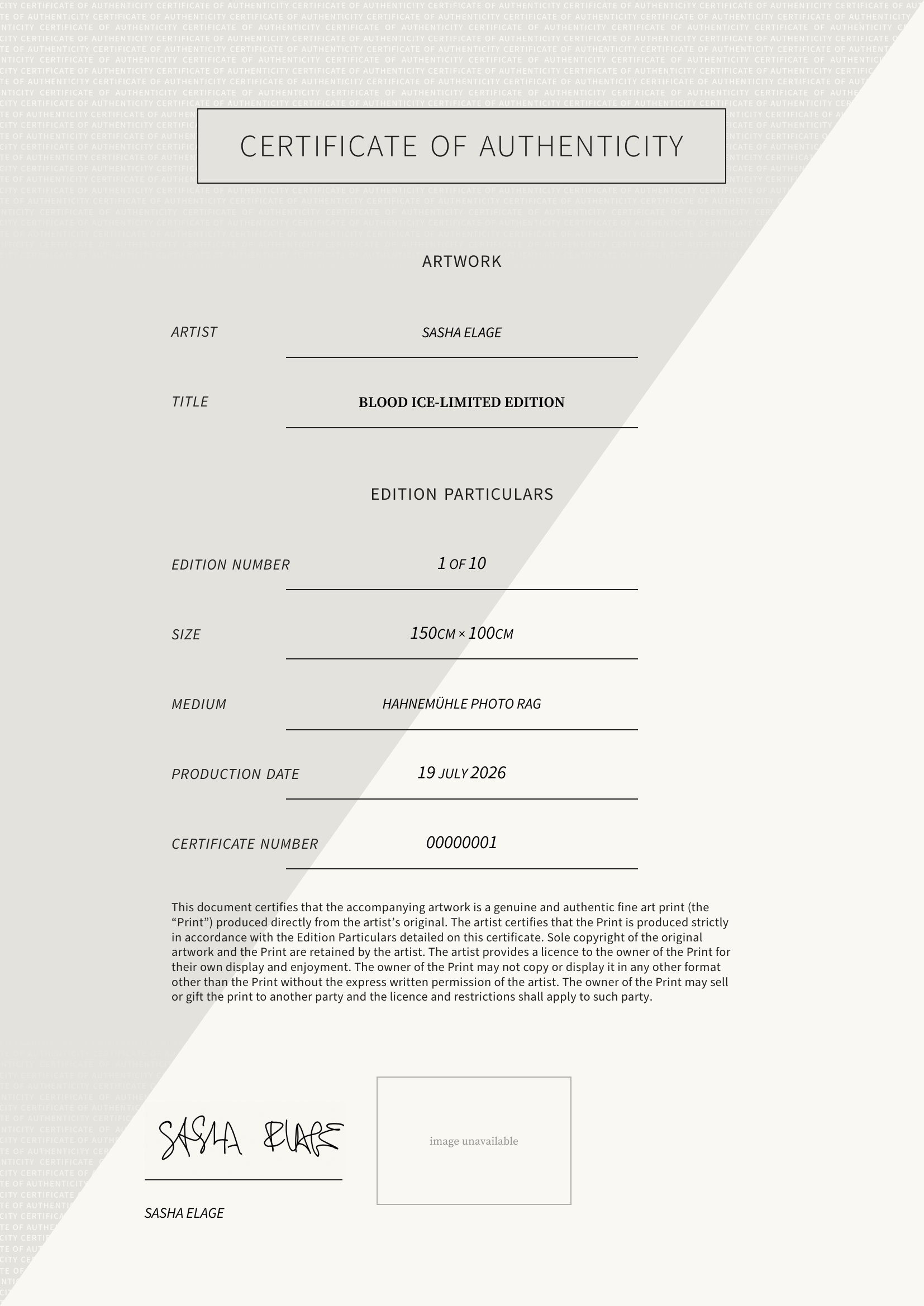Blood Ice-Limited Edition — Certificate of Authenticity