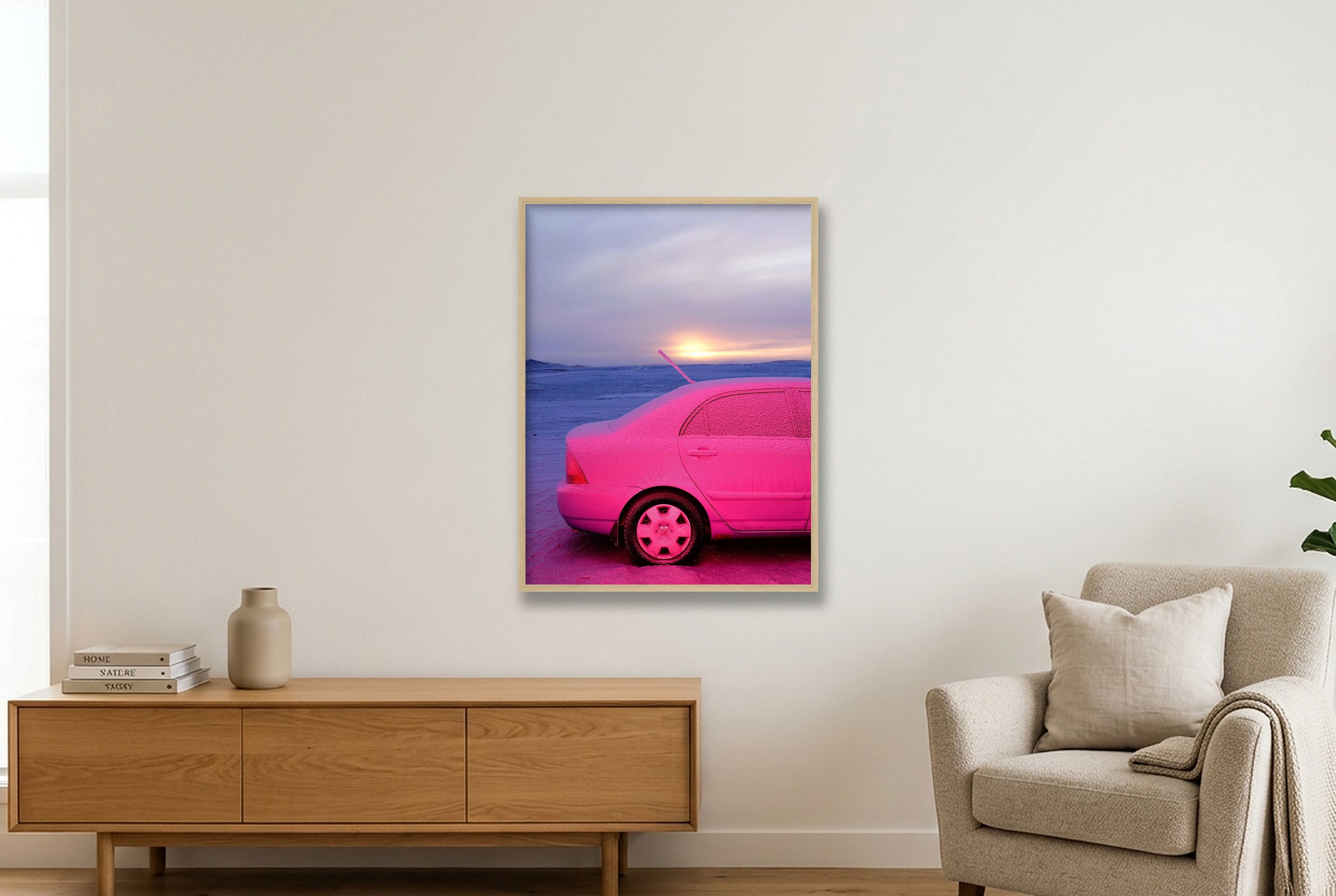Pink Car and a Sunrise - Limited Edition — 60×80cm, 24×31" Oak Frame