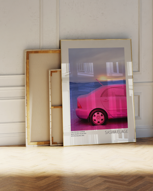 Pink Car and a Sunrise - Framed Canvas