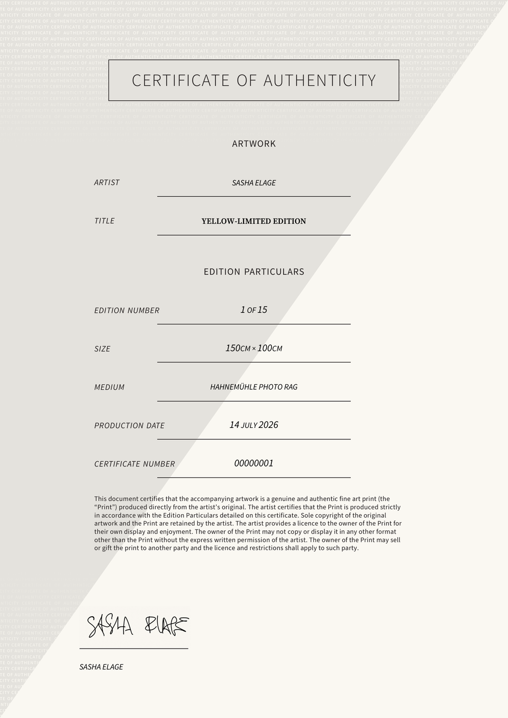 Yellow-Limited Edition — Certificate of Authenticity