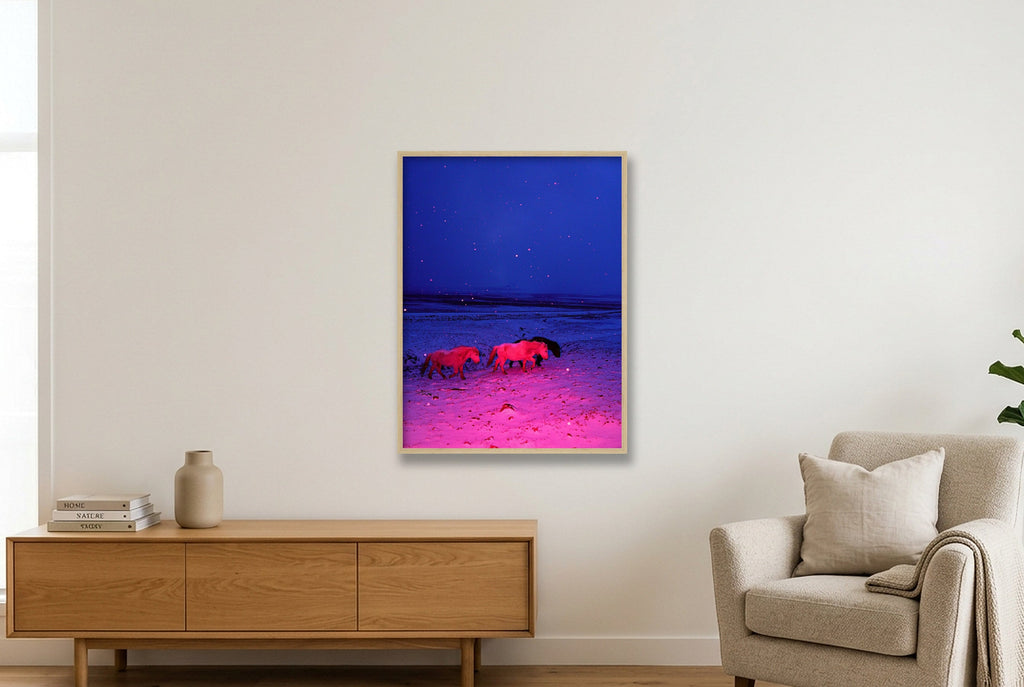 Three Horses in a Pink Storm - Limited Edition — 60×80cm, 24×31" Oak Frame