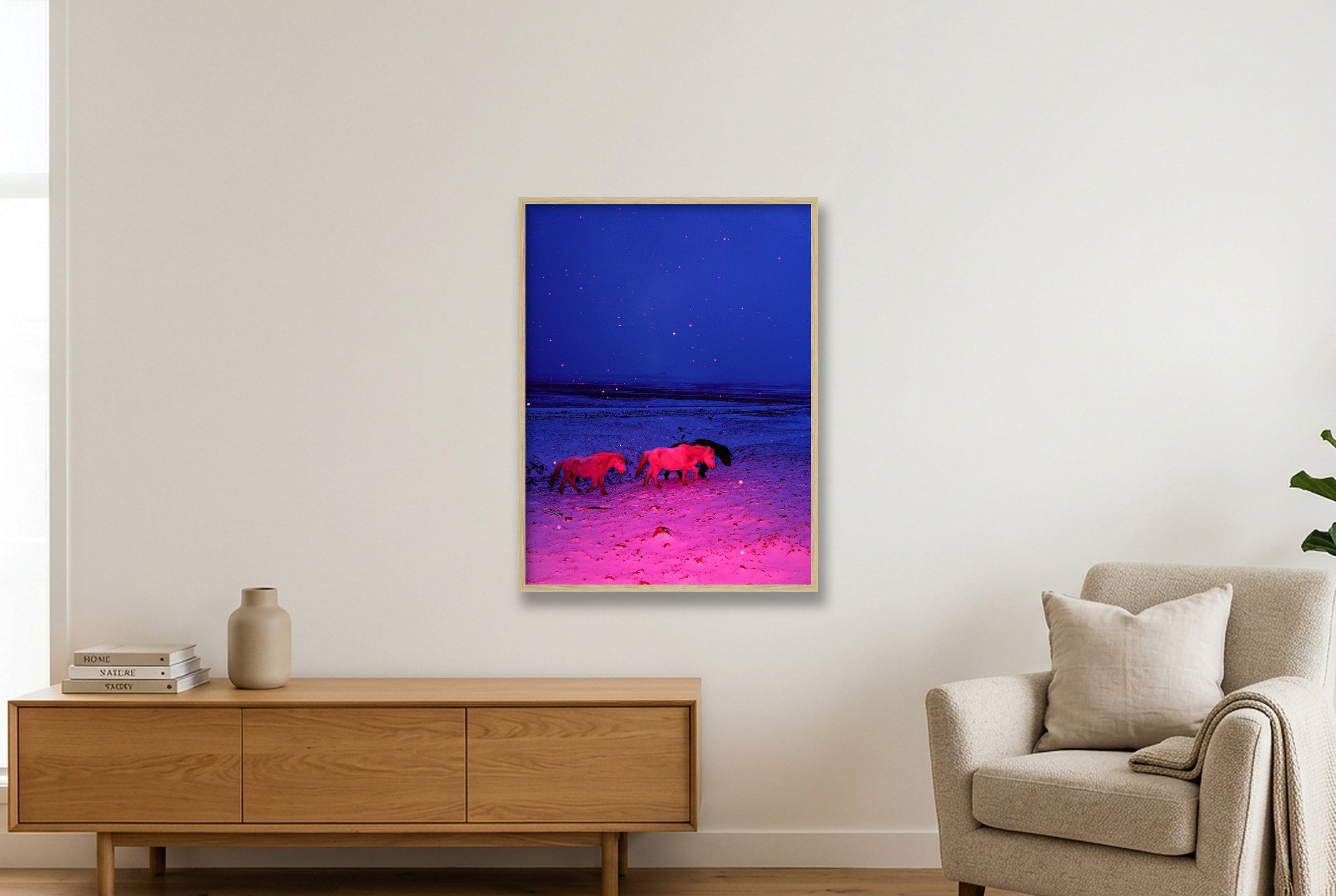 Three Horses in a Pink Storm - Limited Edition — 60×80cm, 24×31" Oak Frame