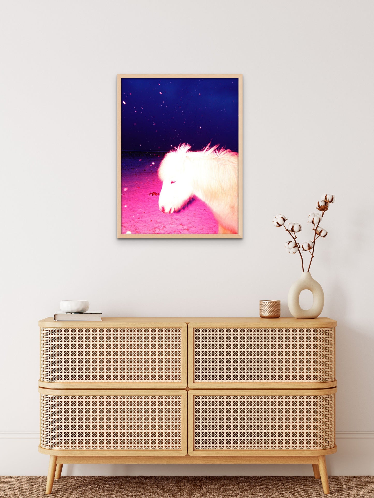 White horse in a pink storm